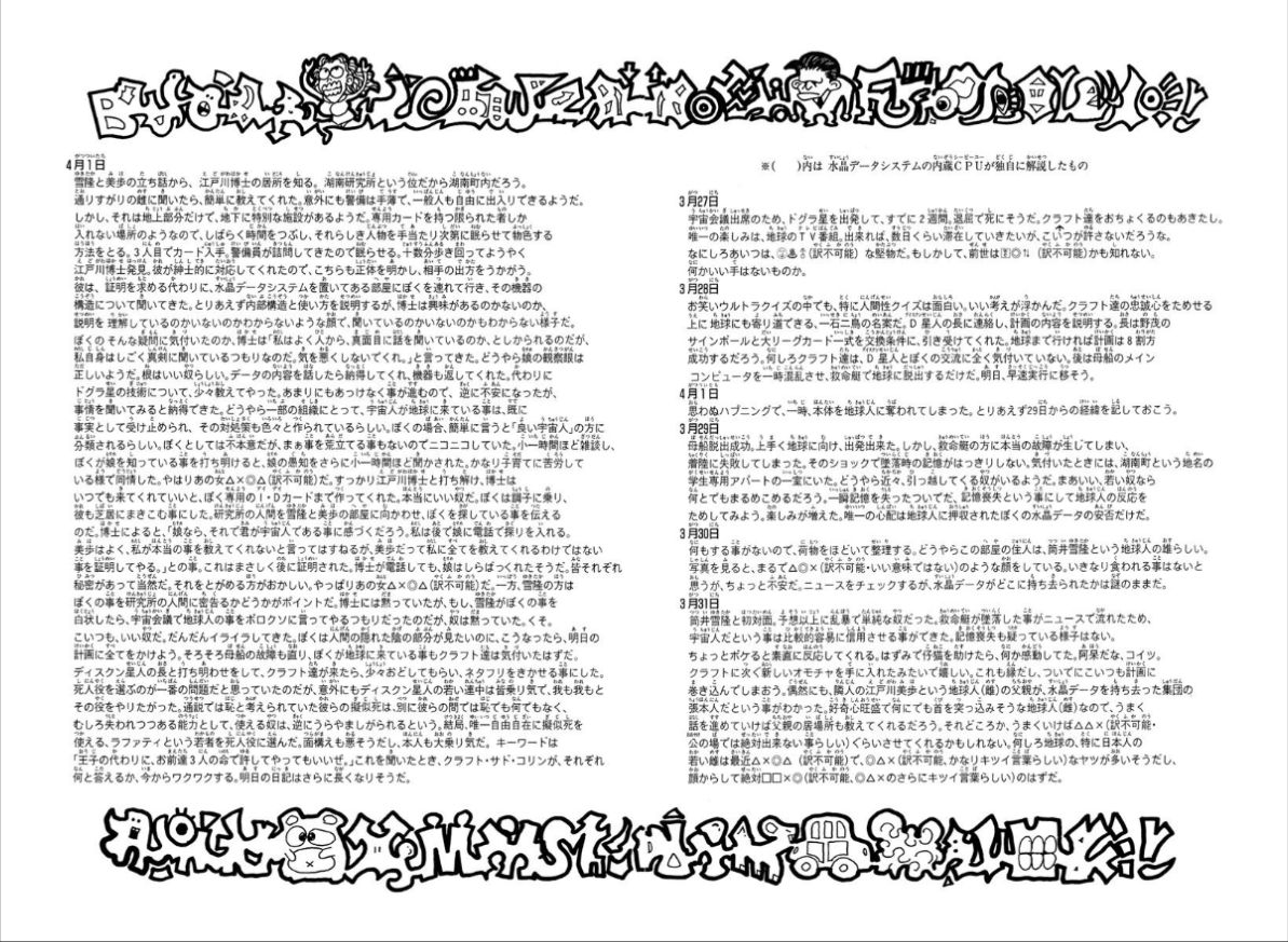 王子の日記。出発前の計画と、着陸後の事故や雪隆との出会いが記されている
