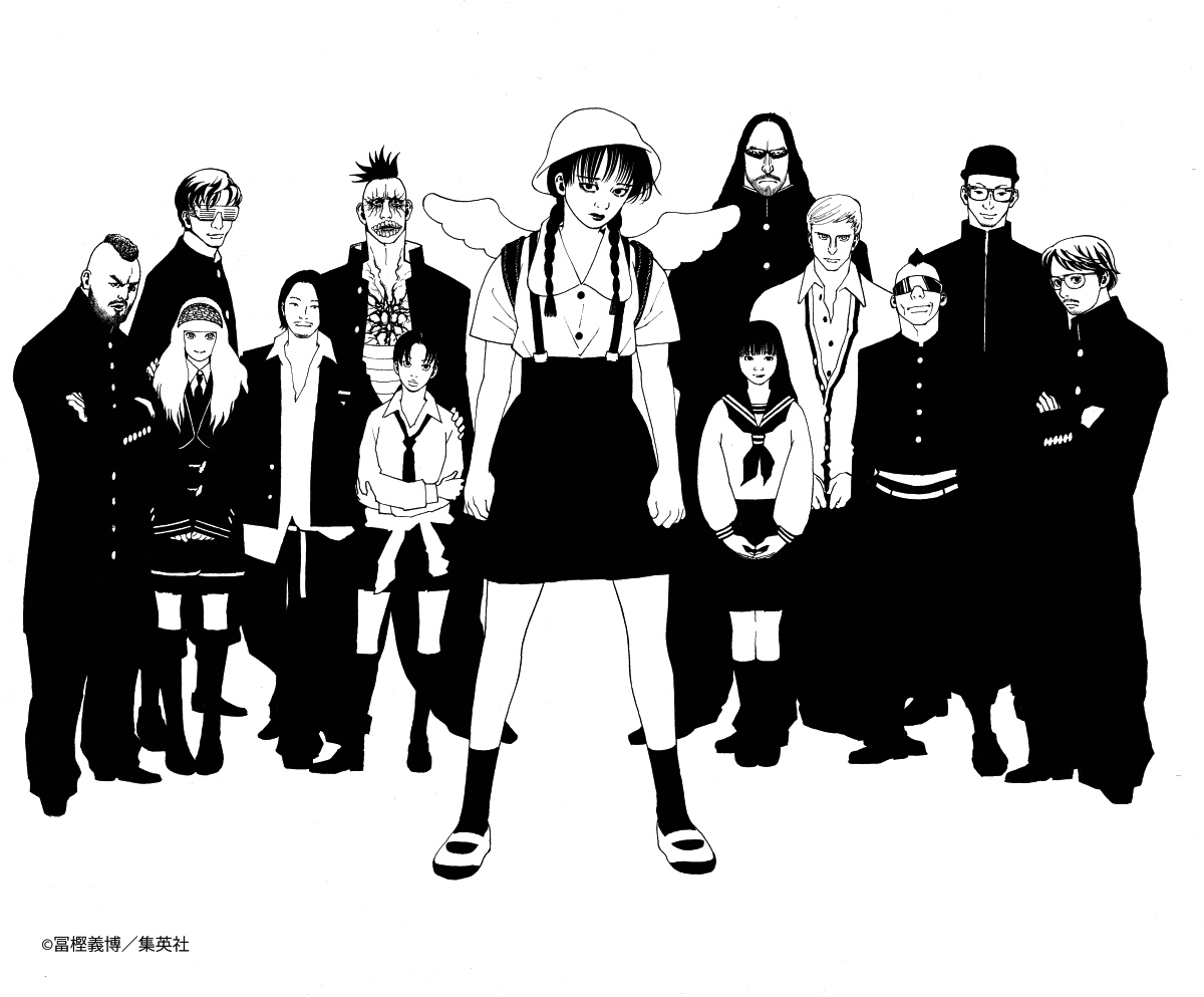 学ランやセーラー服などの制服姿で並ぶ戸川純 with Vampilliaの描き下ろし画