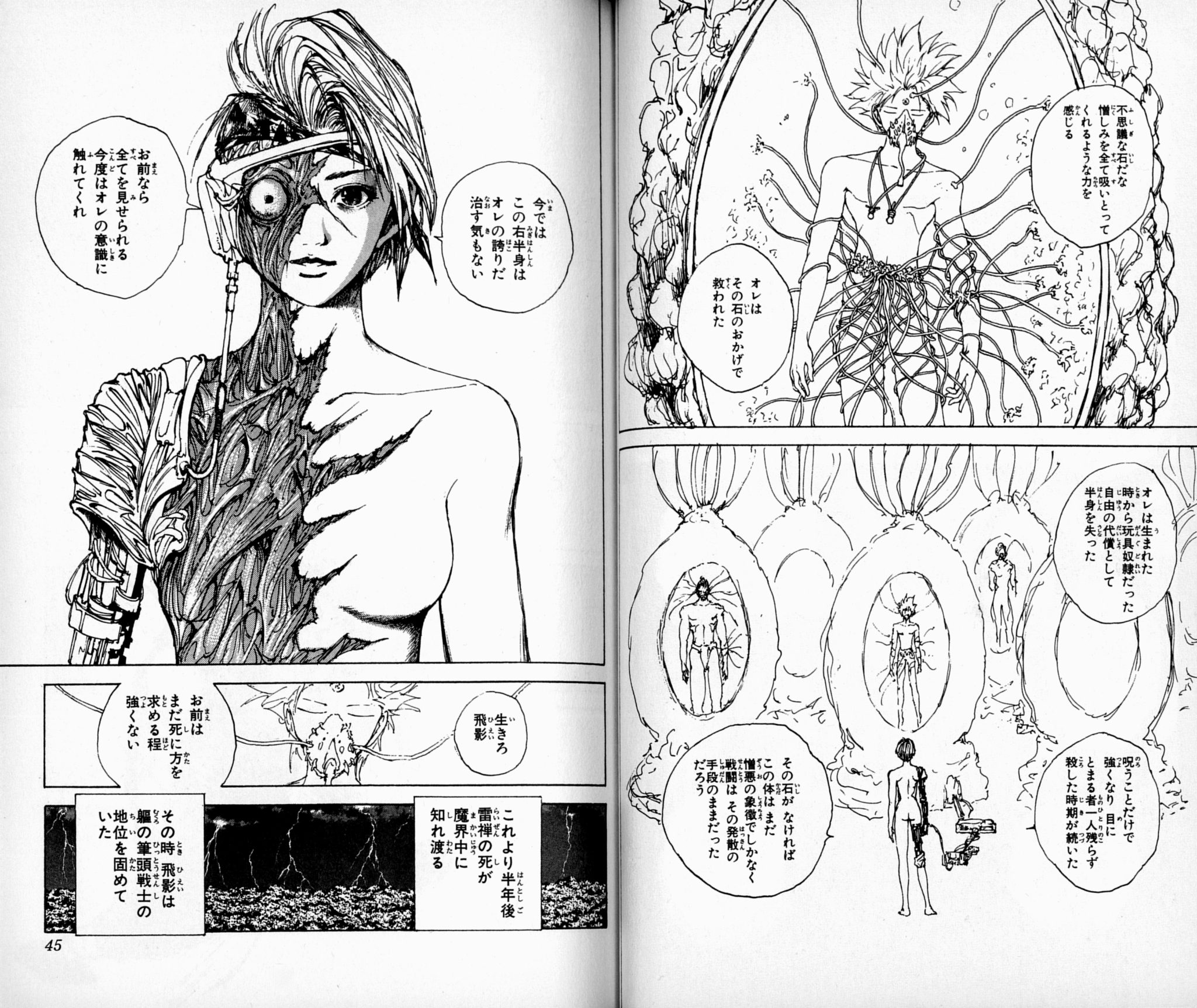 液体と管に包まれて体を修復する飛影に、軀が自分の傷と過去を明かす（右ページ）